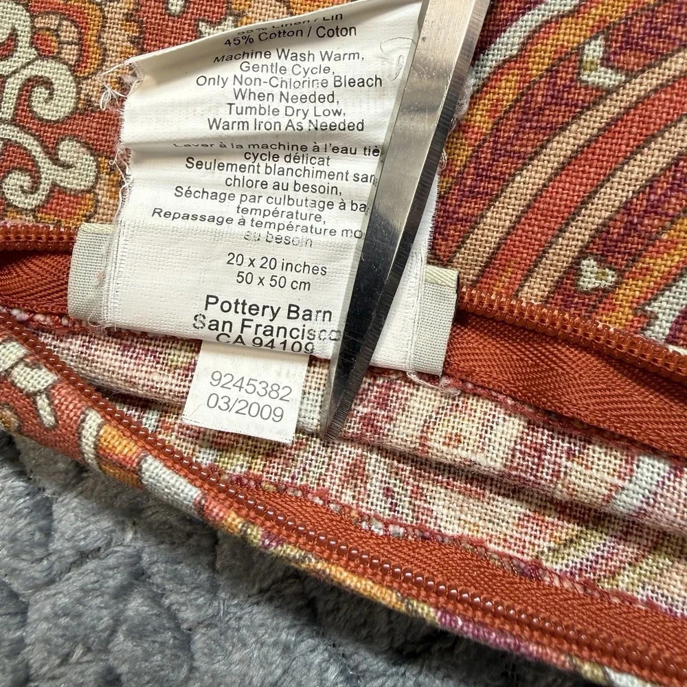 Pottery Barn Paisley Throw Pillow Cover 20x20 Rust Orange Linen Cotton 2009